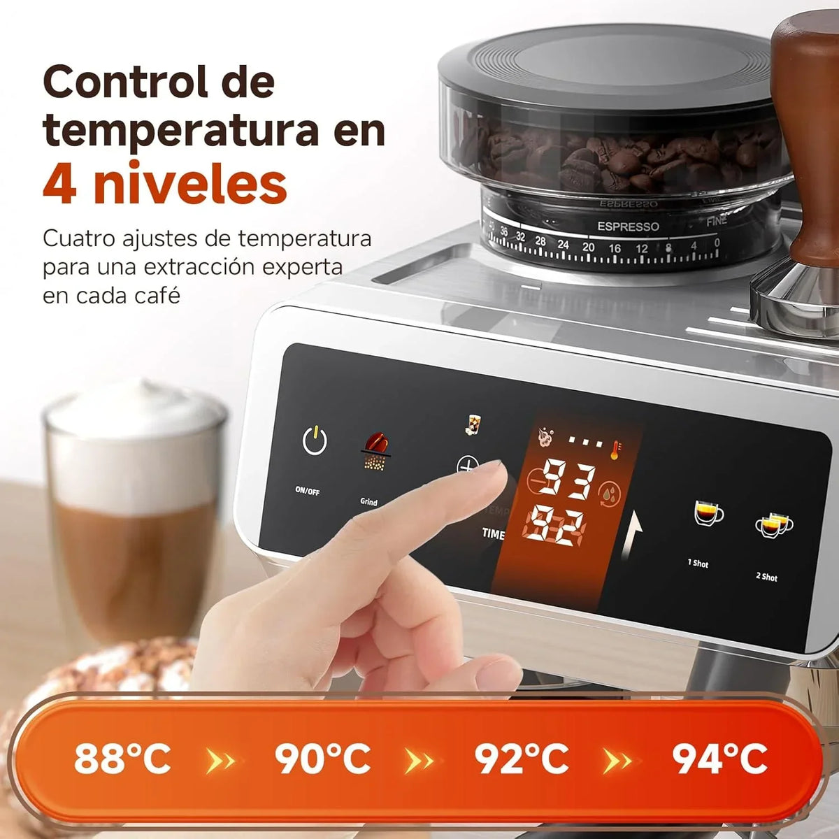 Máquina de Café Espresso AMZCHEF com Moedor Integrado 20 Bares – Cafeteira com 44 Configurações de Moagem, Vaporizador de Leite, 4 Temperaturas, Função Café Frio, Aço Inoxidável, Reservatório de 1,8L