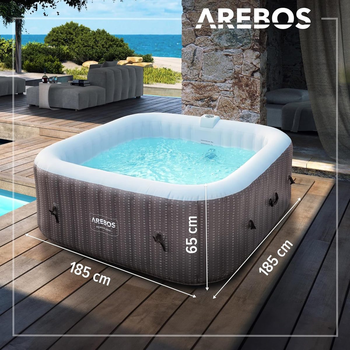 Jacuzzi Arebos Spa 2400W | Piscina exterior | para 6 pessoas 185 x 185 cm | 130 jatos de massagem | 910 L com aquecimento | Função de enchimento por botão | Inclui cobertura | Spa de Bolhas e Bem-Estar
