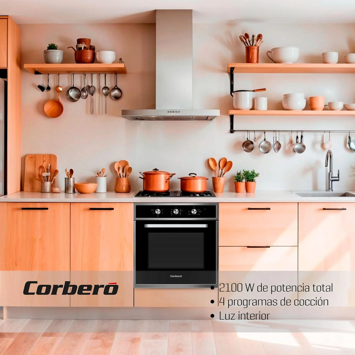 Corberó - Forno de Convecção 70L | CCHM603X | 60x60x58 cm | Convencional com 4 Programas | Luz Interior | Limpeza por Hidrólise | Porta de Vidro Duplo | 2100W | Preto com Perfil Inox