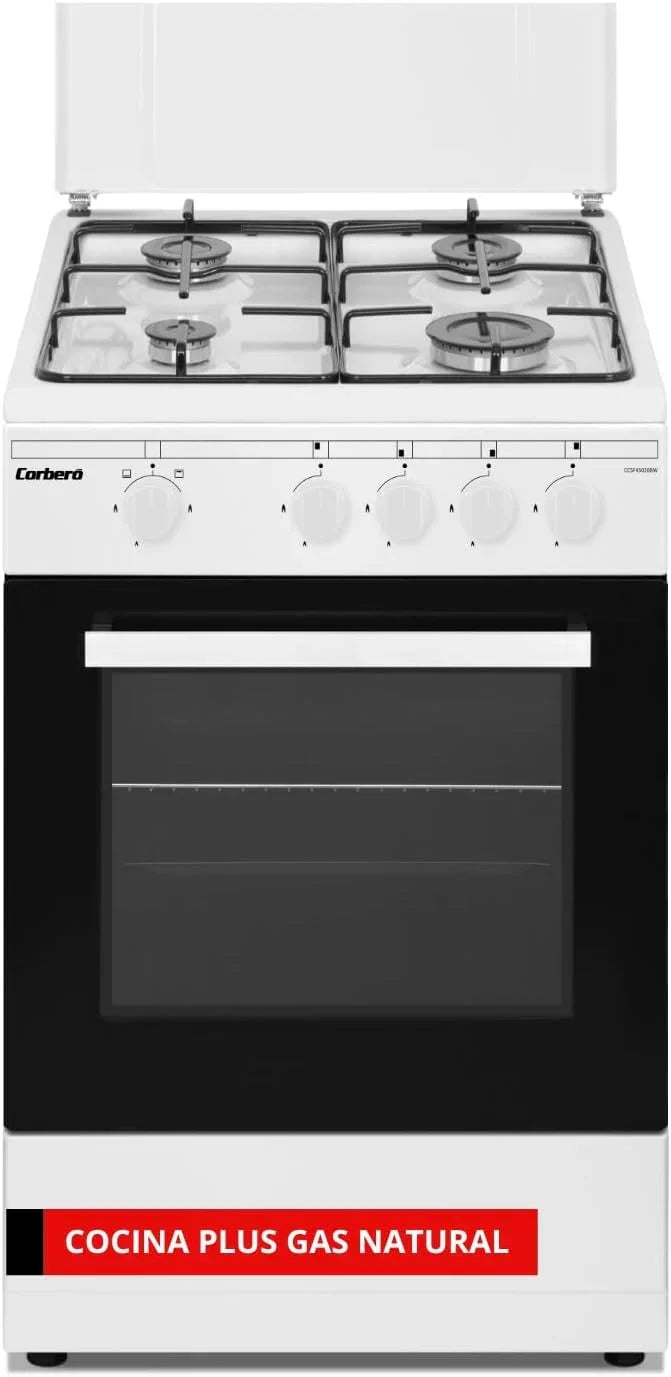 Corberó – Fogão a Gás Butano Plus | 50 cm | CCSF45020BX | 4 Queimadores | Forno 43L com Porta de Vidro Duplo | Tampa de Metal | Tabuleiro e Grelhador Cromados | Desligamento Automático de Segurança | Aço Inoxidável