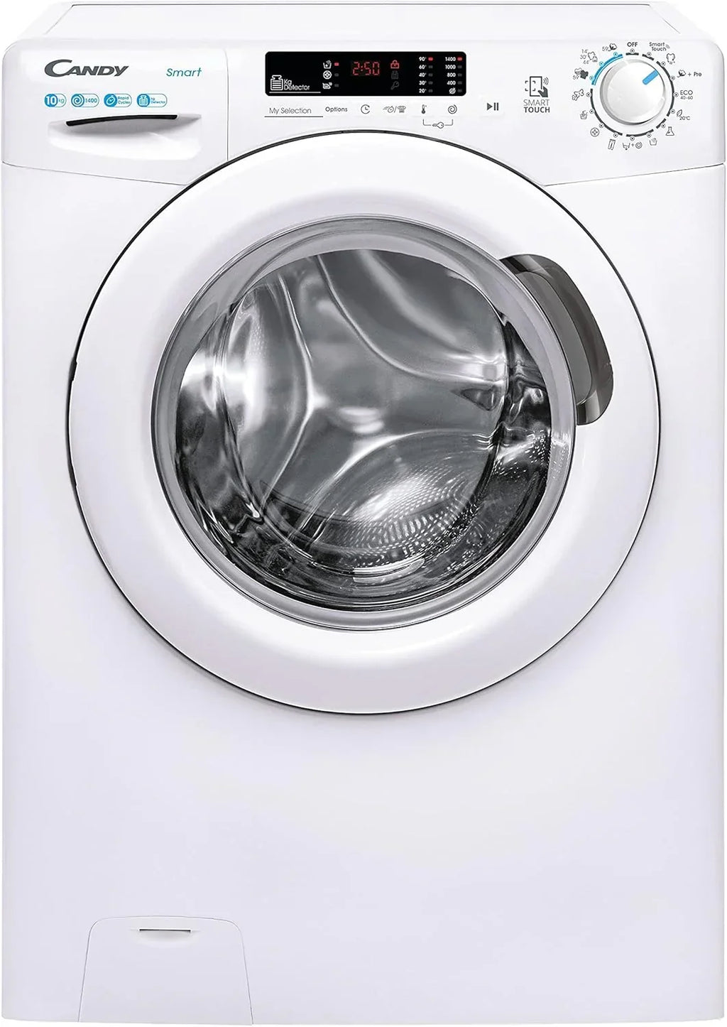 Candy Smart CS 14102DE/1-S, Máquina de Lavar 10 kg, 1400 RPM, Display e Controlo Digital, Tecnologia NFC, Assistente de Voz, 15 Ciclos, 5 Rápidos, Fácil Passar, Início Retardado 24H, Detetor de KG, 81 DB, Branco