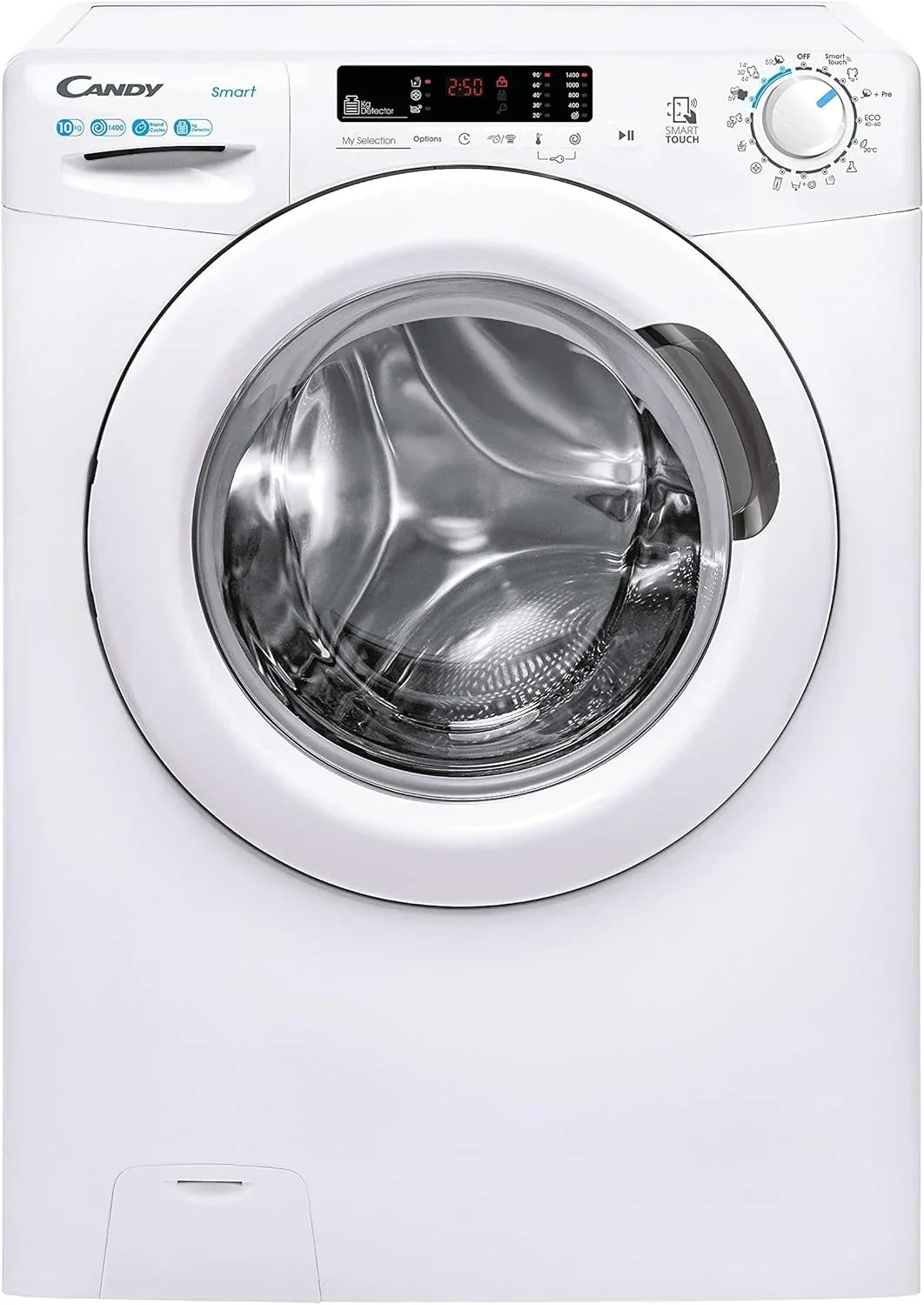Candy Smart CS 14102DE/1-S, Máquina de Lavar 10 kg, 1400 RPM, Display e Controlo Digital, Tecnologia NFC, Assistente de Voz, 15 Ciclos, 5 Rápidos, Fácil Passar, Início Retardado 24H, Detetor de KG, 81 DB, Branco