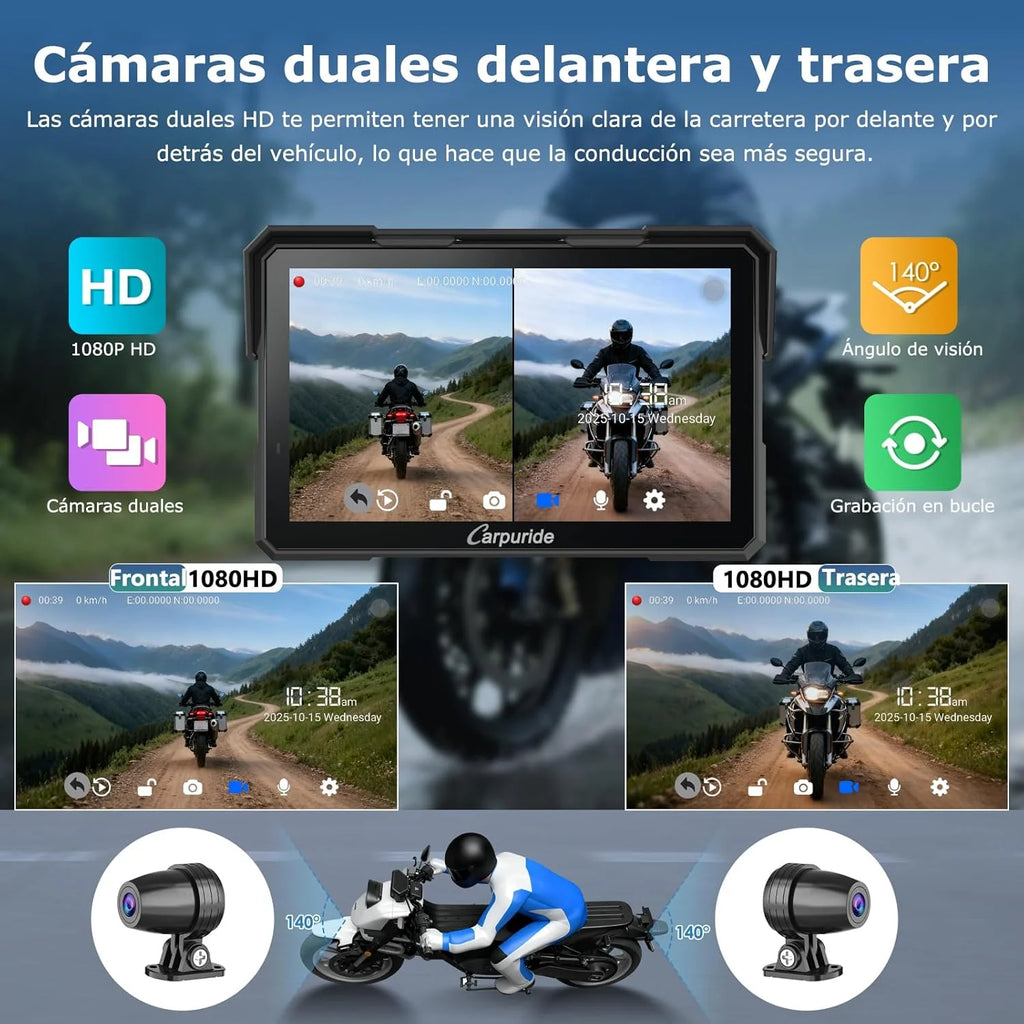 Carpuride W702 Plus Android 14 Motocicleta Carplay Tela com Câmera Dupla, CarPlay e Android Auto Sem Fio, Tela Sensível ao Toque à Prova d'Água de 7", Áudio BT, Gravação em Loop, Navegação Online e Offline.