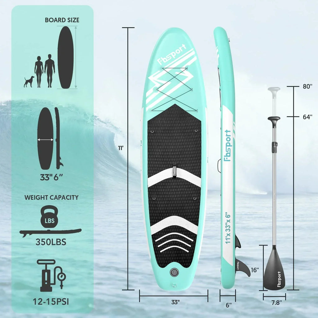 2026 FBSPORT Prancha de Paddle Surf Inflável, Espessura 15 cm, Kit Completo com Remo de Alumínio Ajustável e Bomba (Verde)