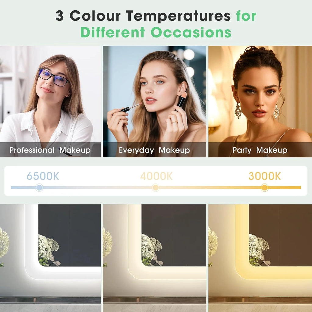 Espelho de Banheiro S'bagno com Luz 100x70cm, Espelho de Banheiro LED Bluetooth, Antiembaçante, 3 Cores, Regulável, Memória, Vidro Temperado HD, Resistente à Água IP44, Vertical/Horizontal