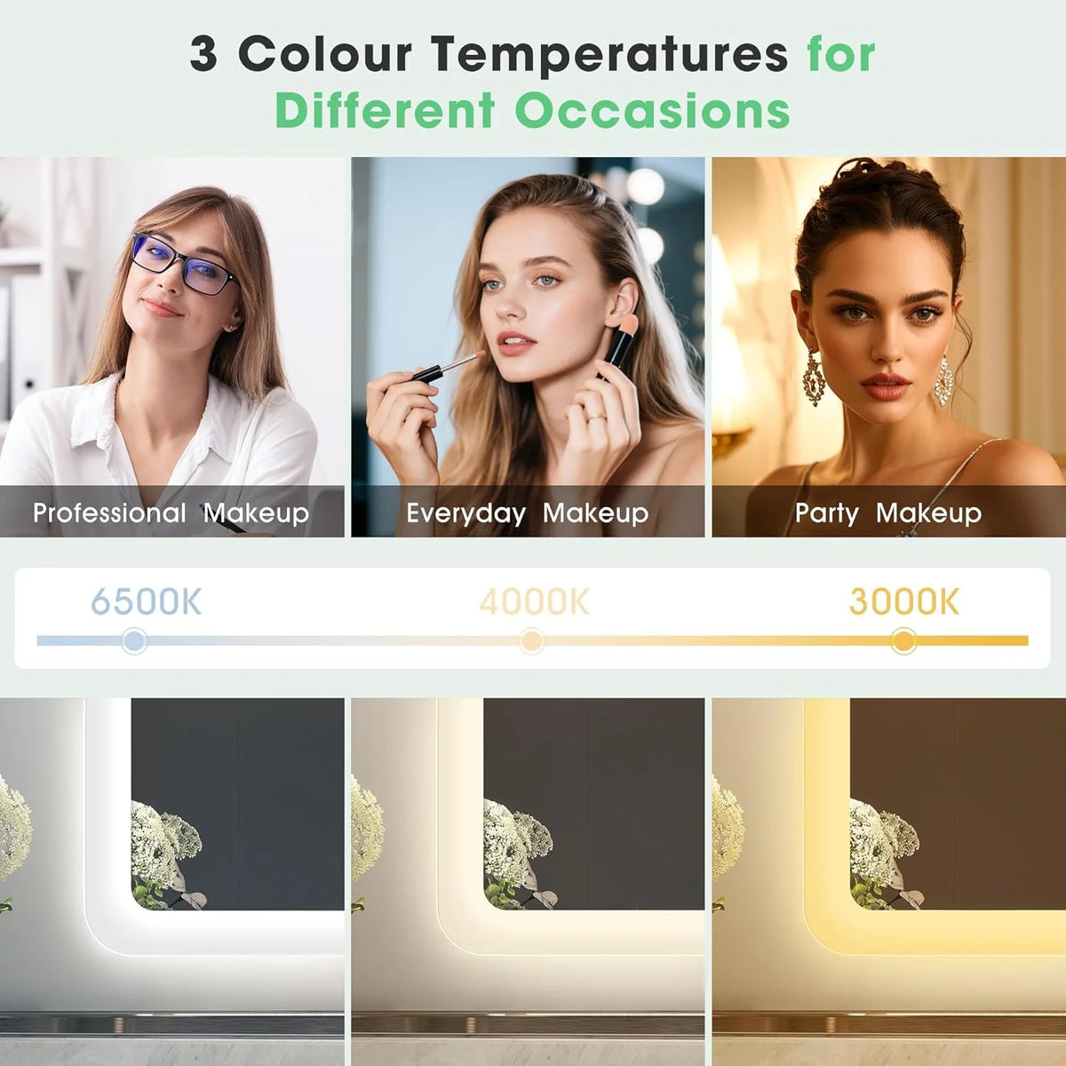 Espelho de Banheiro S'bagno com Luz 100x70cm, Espelho de Banheiro LED Bluetooth, Antiembaçante, 3 Cores, Regulável, Memória, Vidro Temperado HD, Resistente à Água IP44, Vertical/Horizontal