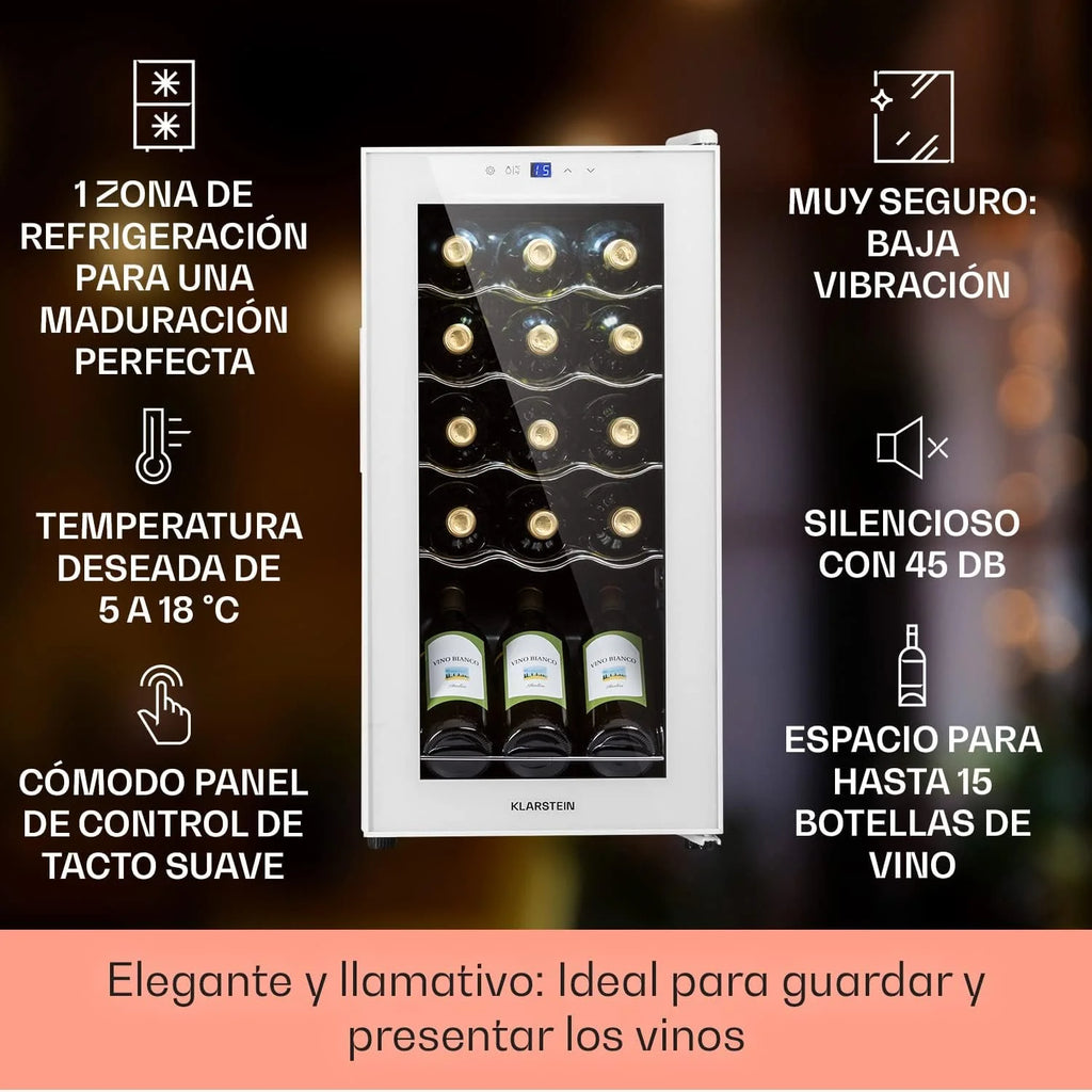 KLARSTEIN Vinoteca para Vinhos 44L Frigorífico para Vinhos Uma Zona, Garrafas de Vinho, Prosecco e Cervejas, Vinoteca Pequena Porta de Vidro para Interior e Exterior, Frigorífico para Vinhos Capacidade 15 Garrafas