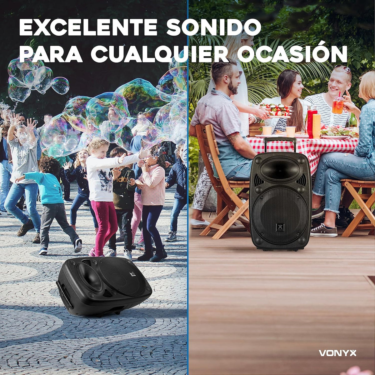 Vonyx Verve46 Poderosa Caixa de Som Bluetooth 1000 W, Caixa de Som Portátil Amplificada com Microfone de Karaokê, Caixa de Som Bluetooth USB, SD, MP3, AUX, 2 Microfones UHF, Controle Remoto, Subwoofer 15 Polegadas, Preto