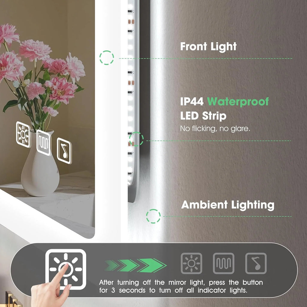 Espelho de Banheiro S'bagno com Luz 100x70cm, Espelho de Banheiro LED Bluetooth, Antiembaçante, 3 Cores, Regulável, Memória, Vidro Temperado HD, Resistente à Água IP44, Vertical/Horizontal