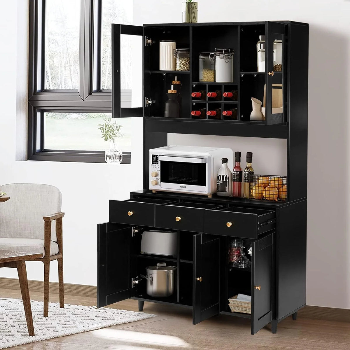 VOWNER Armário Aparador de Cozinha/Buffet, 100L x 38W x 181H cm, Armário Auxiliar de Armazenamento, 5 Portas e 5 Prateleiras Ajustáveis, Branco