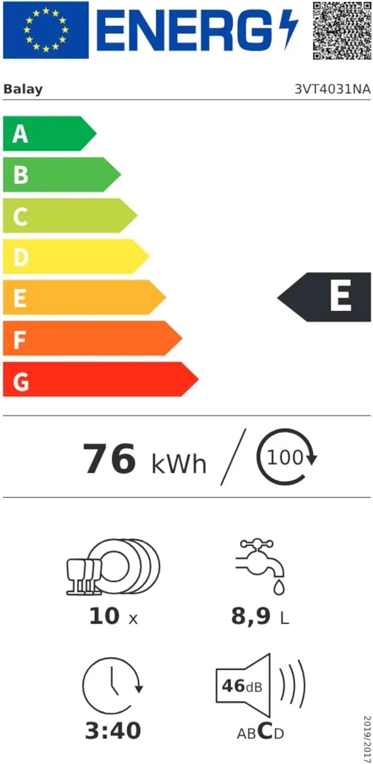 Máquina de Lavar Louça Balay, integrável, 45 cm, Motor Extra Silencioso, Home Connect, Infolight, Instalação Alta, 3VT4031NA.