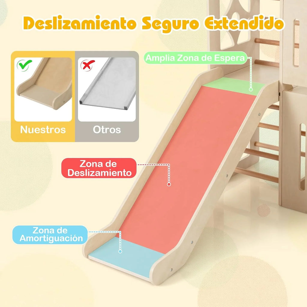 Parque Infantil Interno de Madeira Costway 8 em 1, Tema de Castelo, Escorregador, Escalador, Escadas, Armazenamento, Quadro-Negro, Túnel, Brinquedo Montessori para Crianças a Partir de 3 Anos