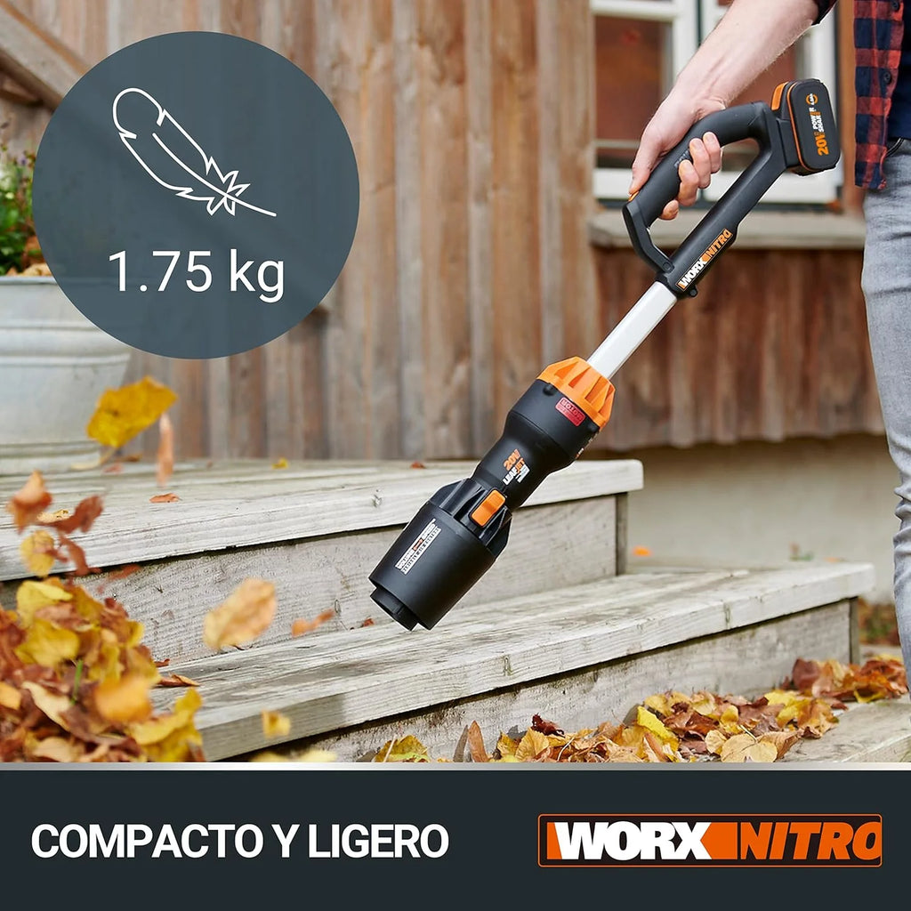 WORX WG543E Soprador de Folhas 20V-4Ah Nitro, superleve 1,7kg, Motor brushless, 209km/h, turbina de Alto Volume e Velocidade, para Limpeza de Jardins, Caminhos e Terrenos, Inclui Bateria e Carregador