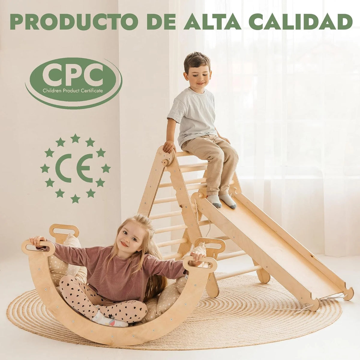 Conjunto de Escalada Montessori 5 em 1 para Crianças - Ginásio de Escalada de Madeira com Escada Triângulo, Arco, Rampa de Escalada, Rede e Almofada - Ginásio de Madeira para Crianças