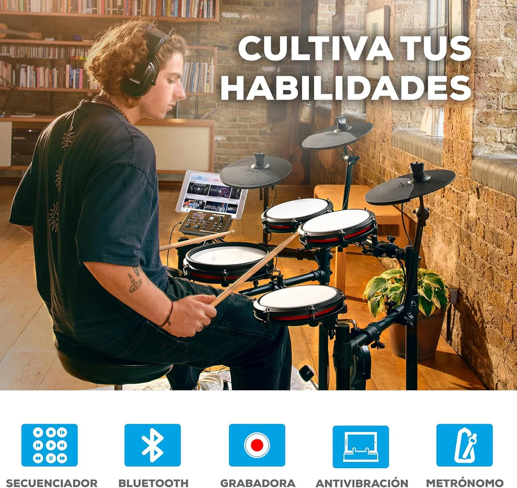 Alesis Nitro Max Kit Bateria Eletrônica com Pads de Mesh Silenciosos, Caixa Dual-Zone de 10", Bluetooth, Mais de 440 Sons Autênticos, Aulas Drumeo, USB MIDI, Pedal de Bumbo