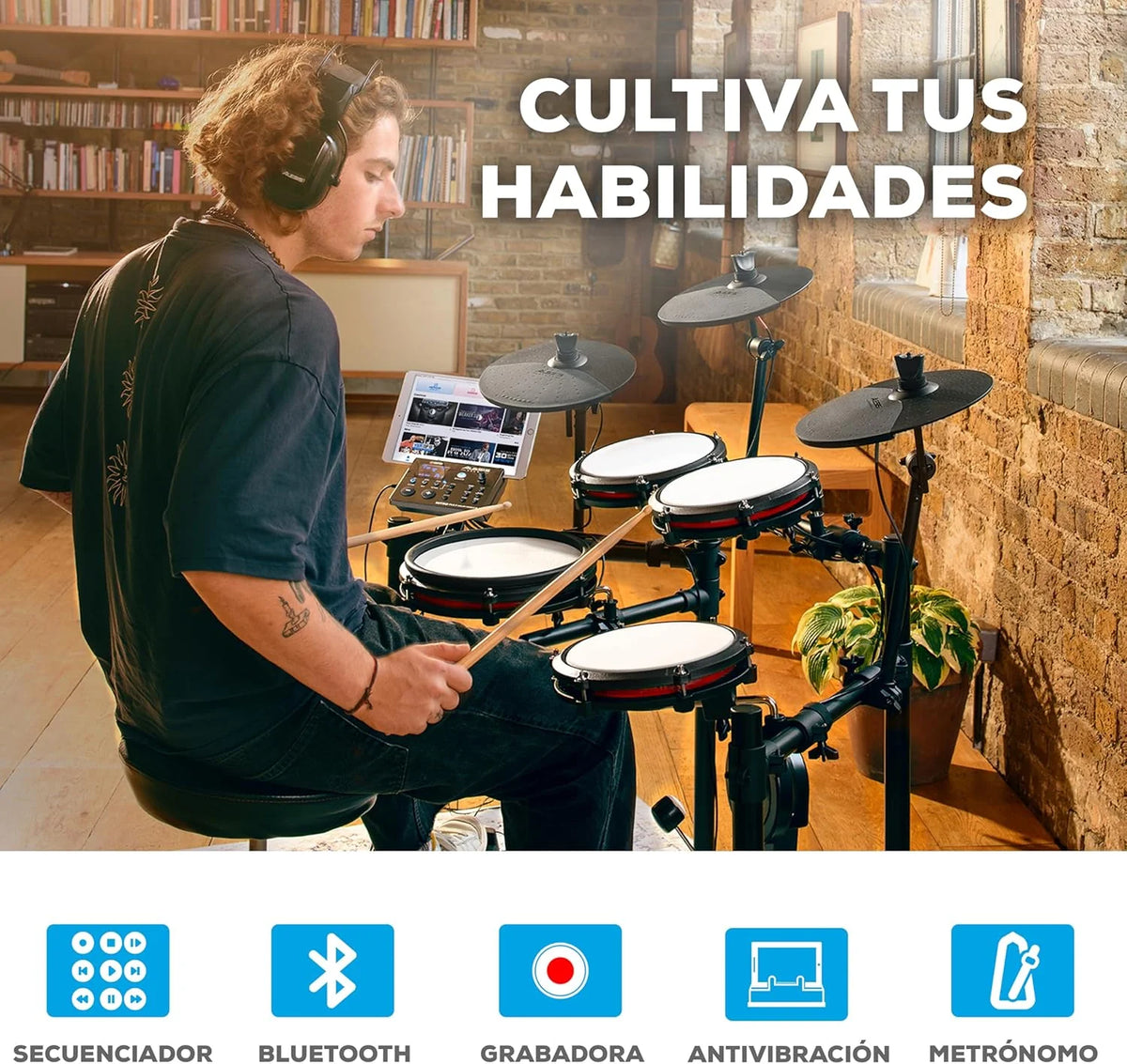 Alesis Nitro Max Kit Bateria Eletrônica com Pads de Mesh Silenciosos, Caixa Dual-Zone de 10", Bluetooth, Mais de 440 Sons Autênticos, Aulas Drumeo, USB MIDI, Pedal de Bumbo