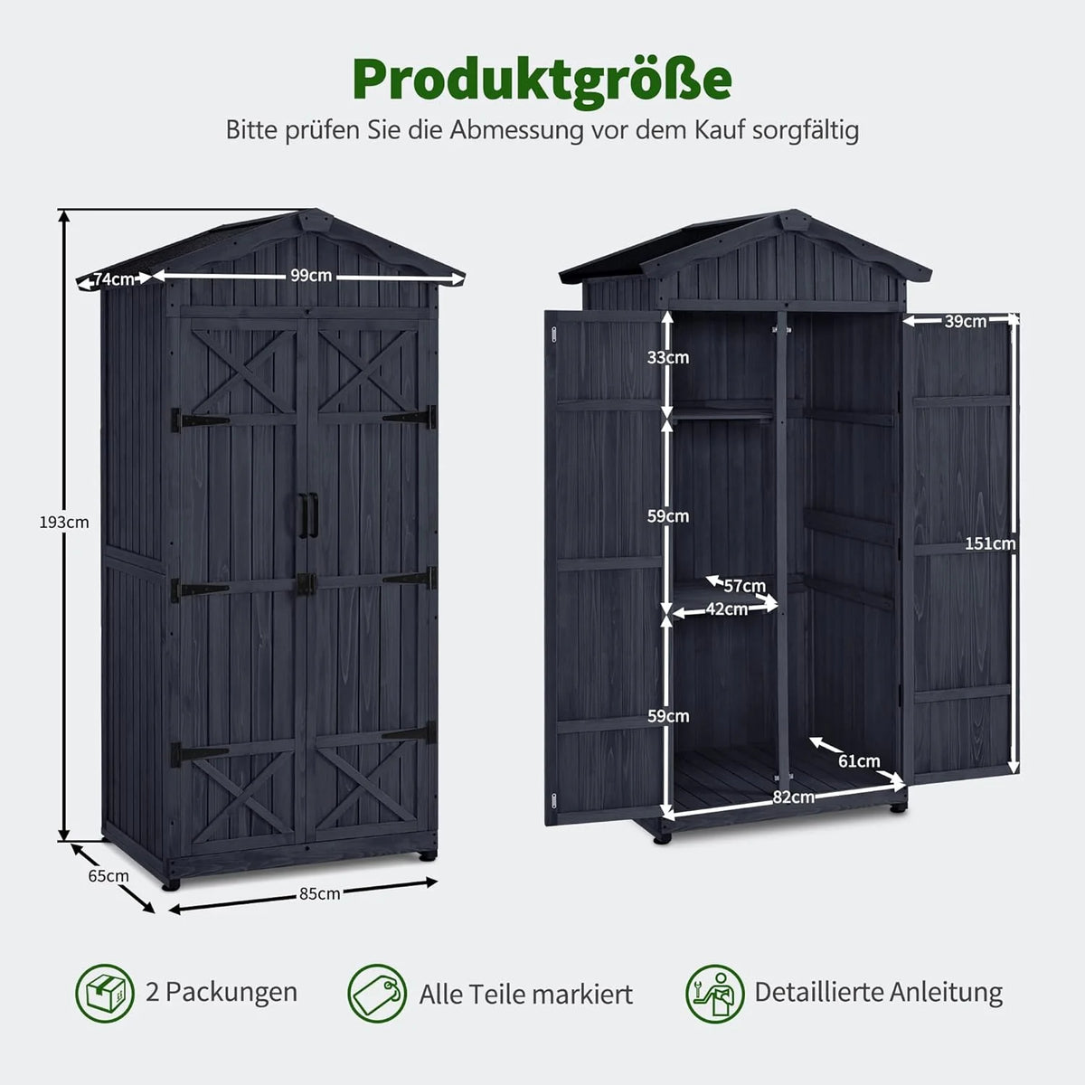MCombo Armário de Jardim, Galpão de Madeira Resistente às Intempéries, Armário Exterior Impermeável com Chão, para Uso Externo em Varandas, 74×99×193 cm (Cinza Antracite)