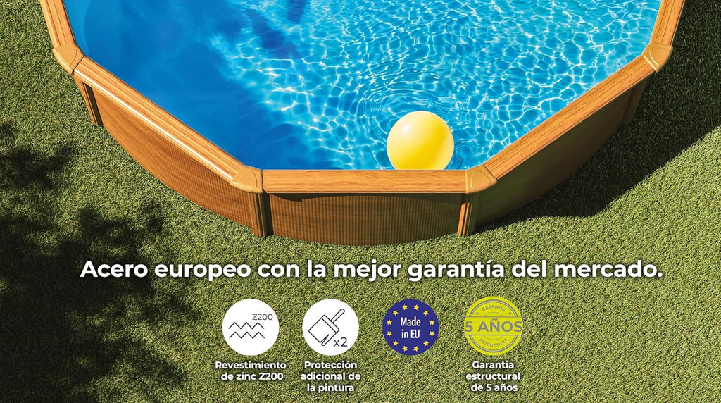 Piscina Elevada Redonda de Aço Gre KITPR353W com Acabamento de Madeira, Piscinas Desmontáveis para Jardim, 350 x 120 cm, Sicília