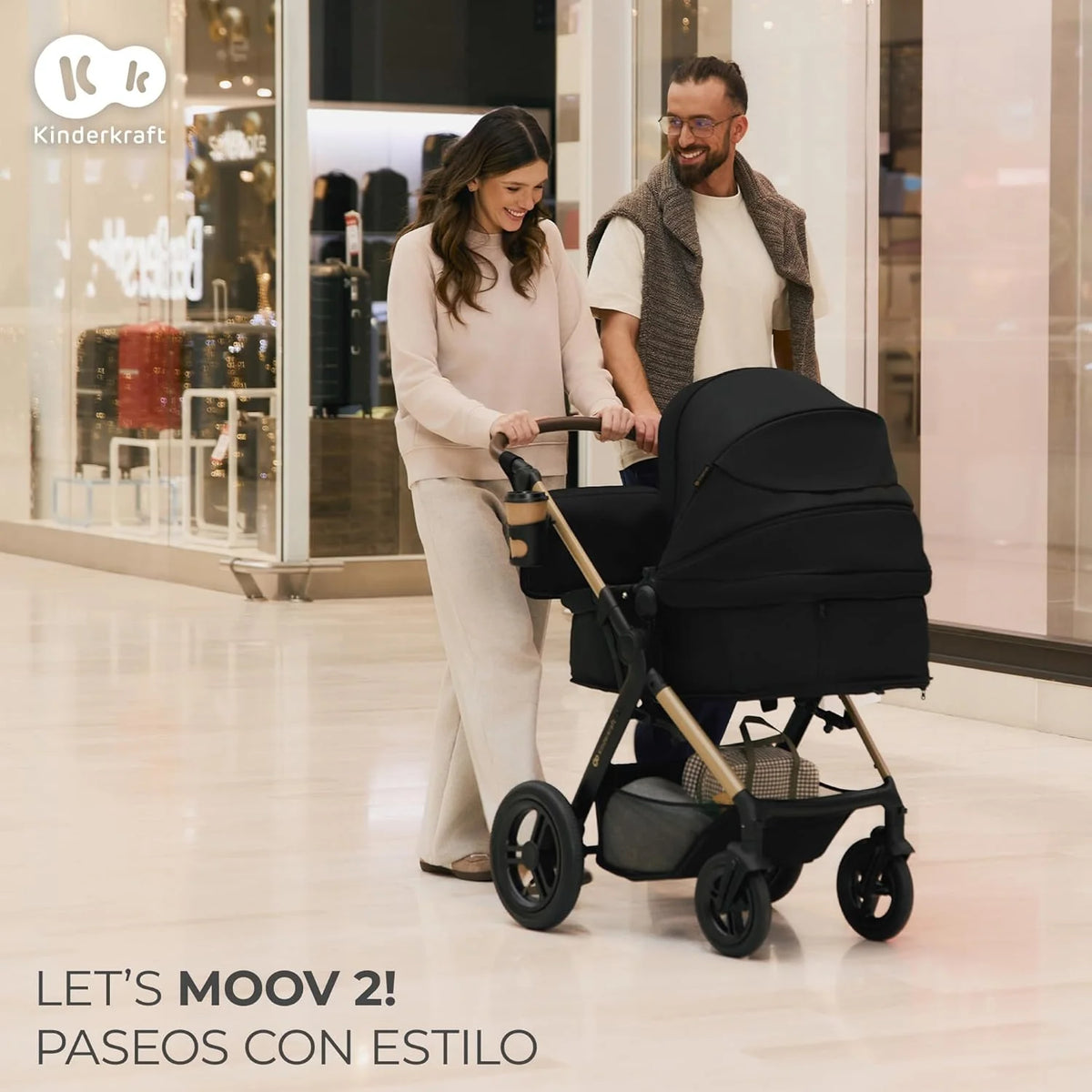 Kinderkraft MOOV XL 3 em 1, Carrinho de Bebê até 27 kg, com Cadeira Auto I-SIZE 40-75 cm, Dobrável, Amortecido, Conversível, Alcofa XL, Com acessórios, Cinza Claro