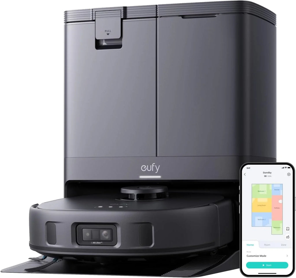 Aspirador Robô eufy X10 Pro Omni com Estação de Esvaziamento Automático e Panos Giratórios, Esfregão Duplo com Elevação Automática de 12 mm, Detecção de Tapetes, Anticolisão AI, Lavagem e Secagem Automática, Preto