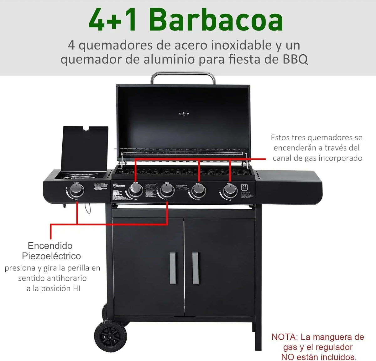 Churrasqueira a Gás Outsunny com 4+1 Queimadores 14,4 KW Mesas Laterais Armário de Armazenamento Termômetro e 2 Rodas Churrasco de Aço Inoxidável 125 x 51 x 100 cm Preto