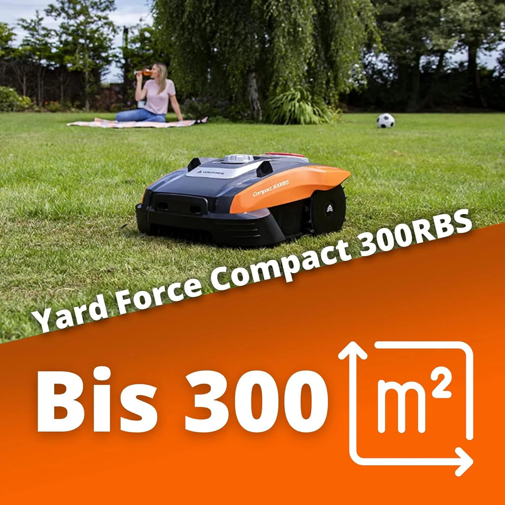 Yard Force Compact 300RBS Robô Cortador de Grama até 300 m² com controle Bluetooth e aplicativo, motor sem escovas, bateria 20 V/2,0 Ah, preto/laranja