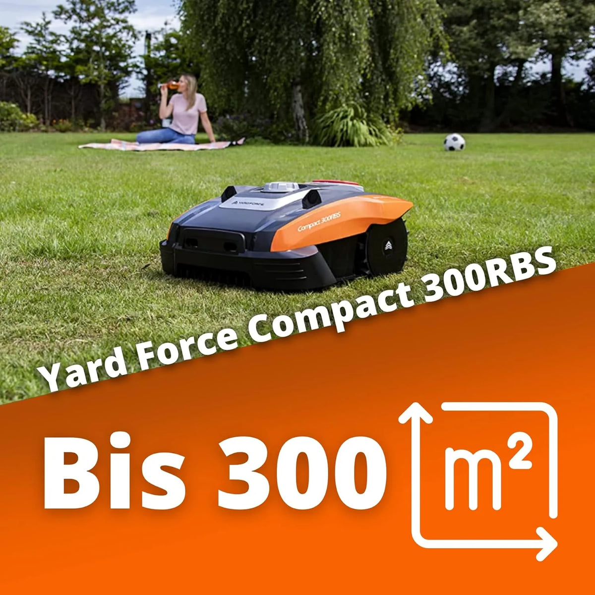 Yard Force Compact 300RBS Robô Cortador de Grama até 300 m² com controle Bluetooth e aplicativo, motor sem escovas, bateria 20 V/2,0 Ah, preto/laranja