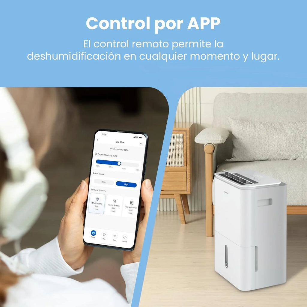 Desumidificador COMFEE' de 16L Silencioso | WiFi/App, Modo Secagem de Roupa e Auto Anti-Humidade, Purificador Elétrico Antibacteriano, mofo e Condensação | Ideal para divisões até 45m2/120m3