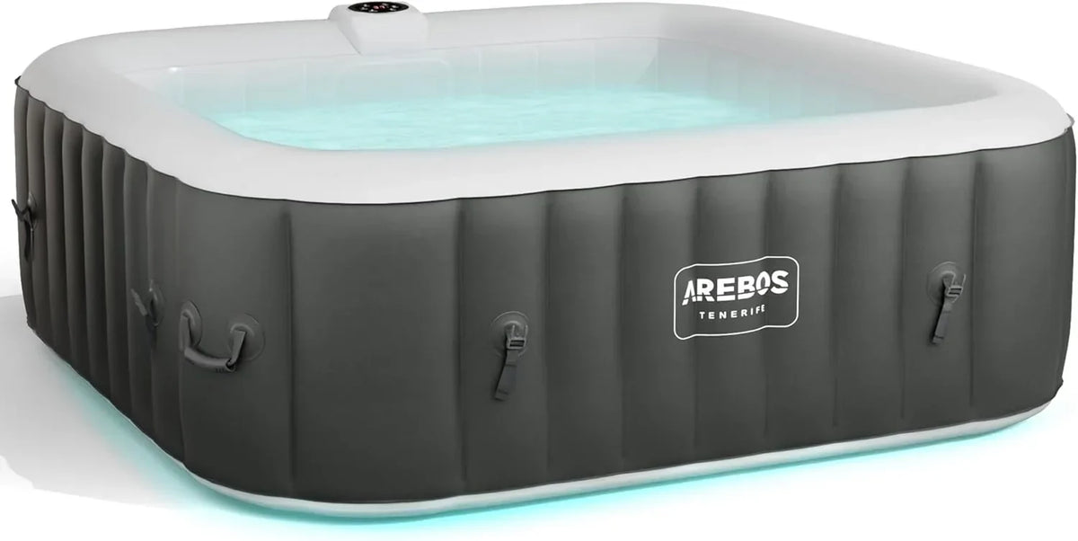 Arebos Whirlpool Inflável | Banheira de Hidromassagem | 185 x 185 cm | para 6 Pessoas | Faixa de LED Luminosa | 130 Jatos de Massagem | 910 Litros | Inclui Cobertura | Massagem Borbulhante e Bem-Estar