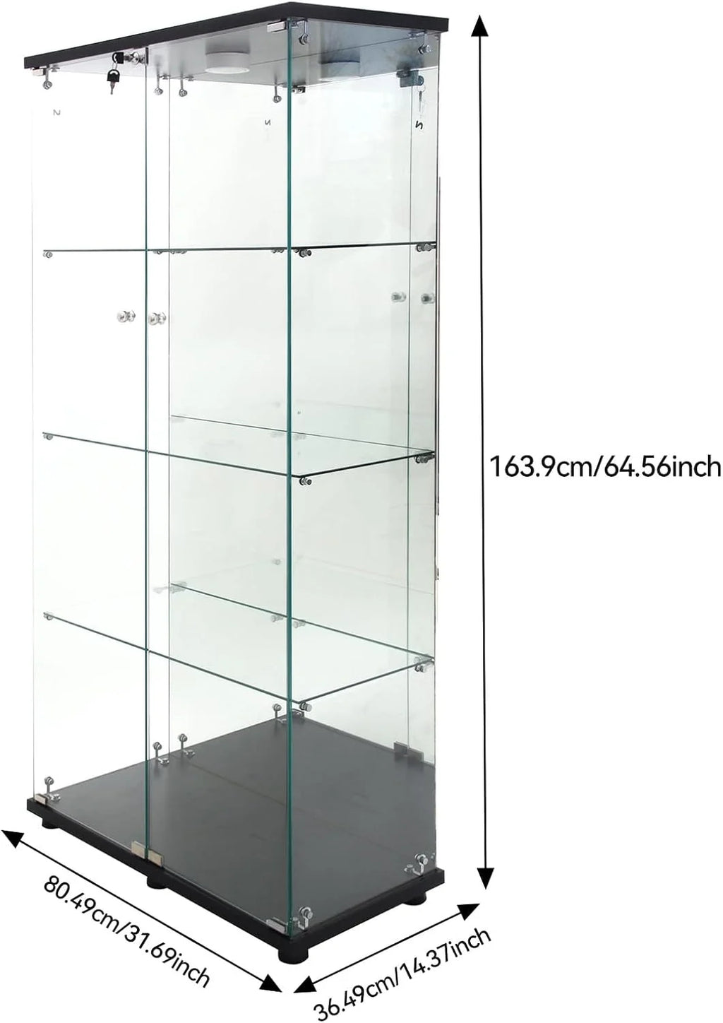 Vitrine de Vidro com Iluminação, Porta com Fechadura, 4 Prateleiras - Vitrine Grande para Coleções, Vitrine de Chão para Sala ou Escritório (Fundo Espelhado)