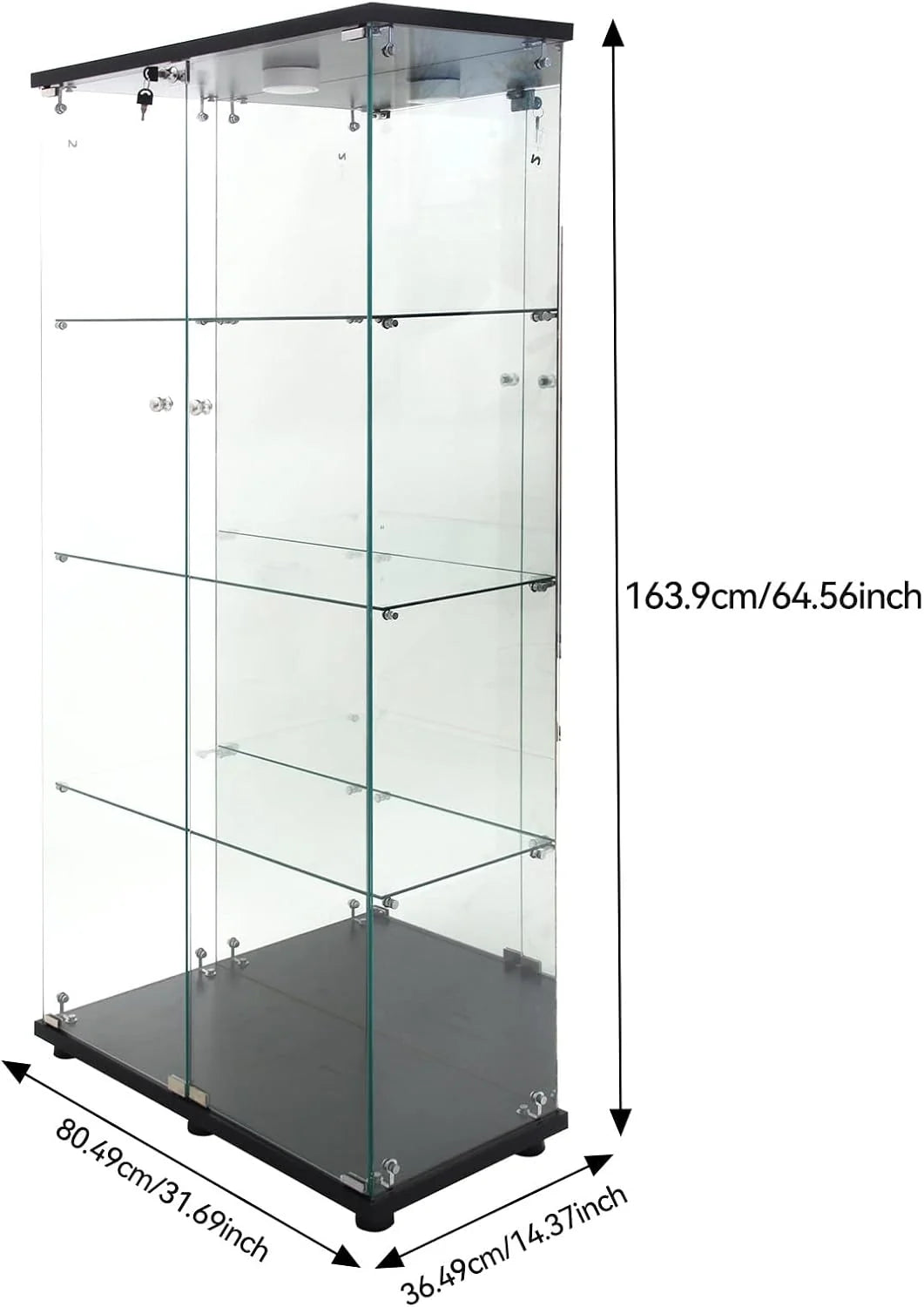Vitrine de Vidro com Iluminação, Porta com Fechadura, 4 Prateleiras - Vitrine Grande para Coleções, Vitrine de Chão para Sala ou Escritório (Fundo Espelhado)