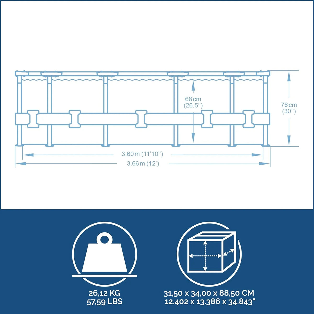 Bestway Steel Pro MAX Frame - Conjunto de Piscina com Bomba de Filtro, 366 x 76 cm de Diâmetro, Cinza Claro, Redondo