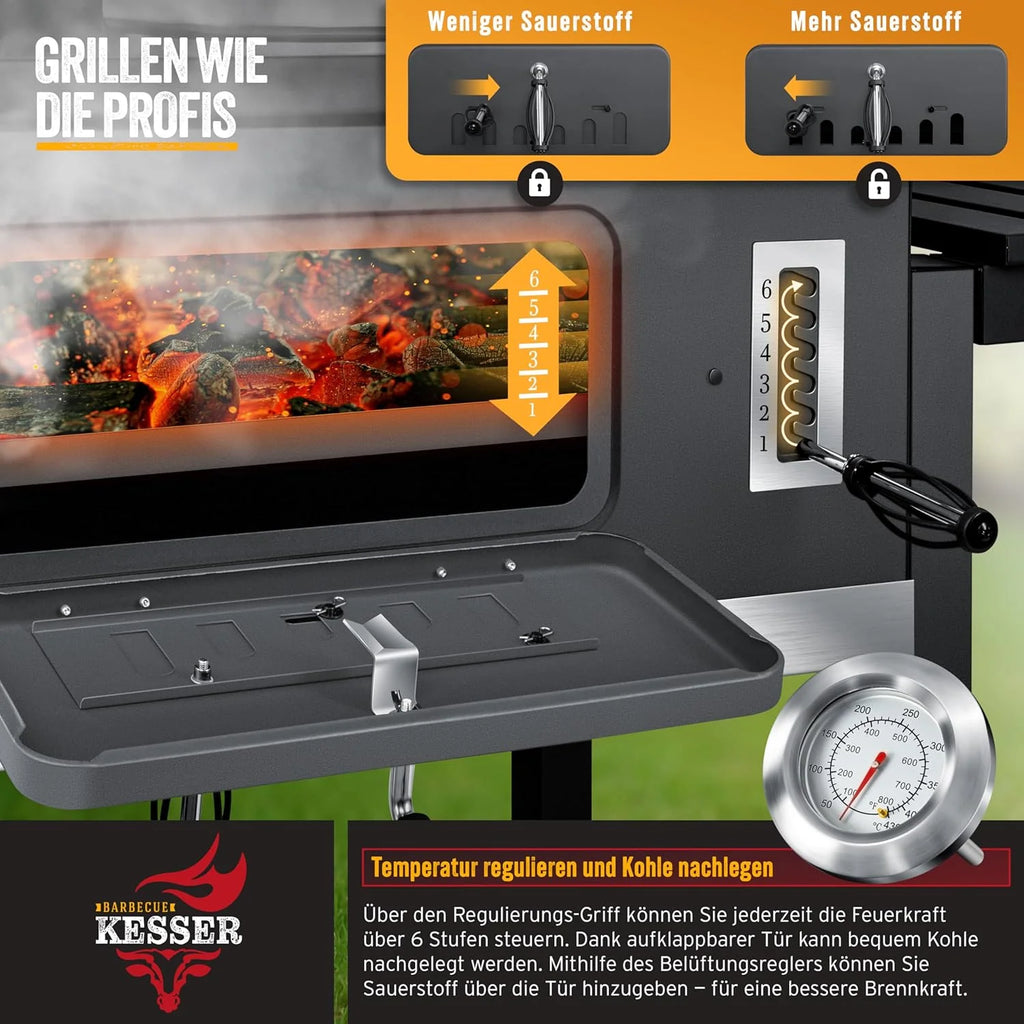 KESSER® Churrasqueira a Carvão com Carrinho Grelhador com Tampa, Rodas, Puxador em Aço Inoxidável | Grelhador e Termómetro a Carvão Grande BBQ Assador Acampamento, Terraço, Jardim XXL Cinza
