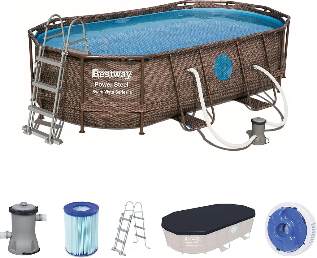 BESTWAY - Piscina Estrutural Tubular Power Steel 427x250x100 cm Bomba Filtrante 2.006 l/h Escada e Capa Design Rattan