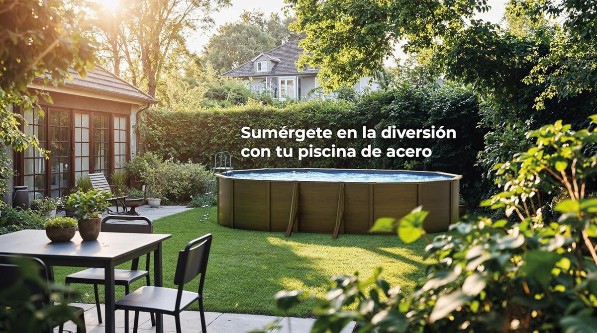 Piscina Elevada de Aço, Oval com Aspecto Madeira. Piscinas Desmontáveis para Jardim. 730 x 375 x 120 cm - Piscina Gre KIT730W Pacific.