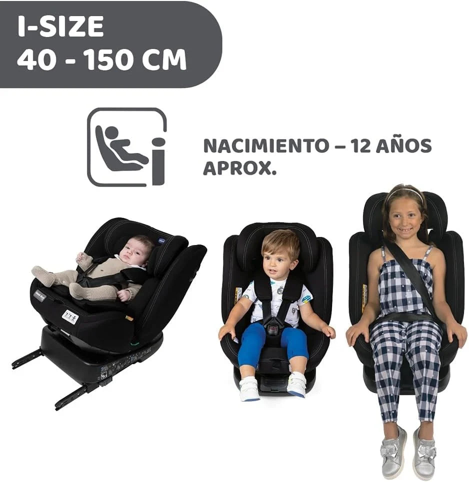 Chicco Unico EVO I'Size Classic, Cadeira Auto ISOFIX para Bebés e Crianças de 40 a 150 cm, Grupo 0123 Desde Recém-nascido até 12 Anos, Rotativa 360º, Redutor, Ajustável e Proteção Lateral, Preta
