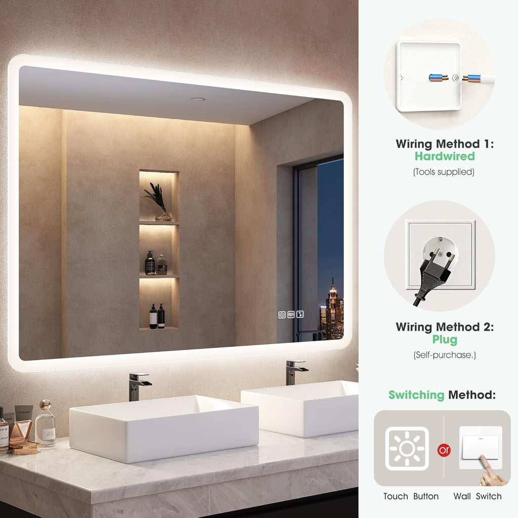 Espelho de Banheiro S'bagno com Luz 100x70cm, Espelho de Banheiro LED Bluetooth, Antiembaçante, 3 Cores, Regulável, Memória, Vidro Temperado HD, Resistente à Água IP44, Vertical/Horizontal