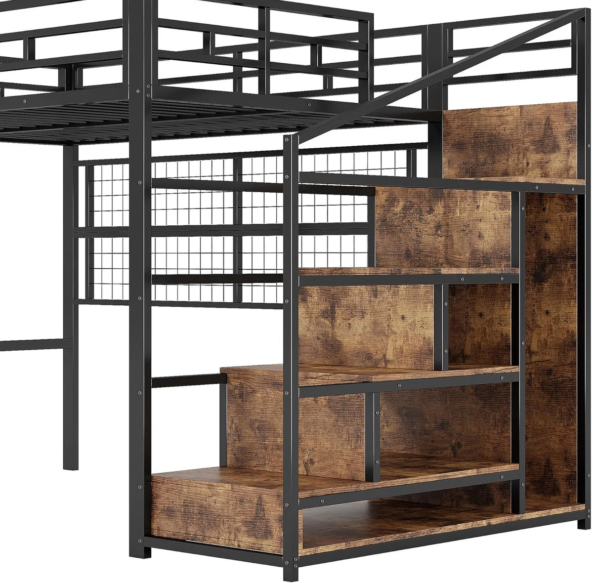 Cama alta (140 x 200 cm), estrutura de ferro, armário, escada com compartimentos, grade para pendurar objetos, espaço livre embaixo da cama, luzes LED de 7 cores, sem colchão, cor preta