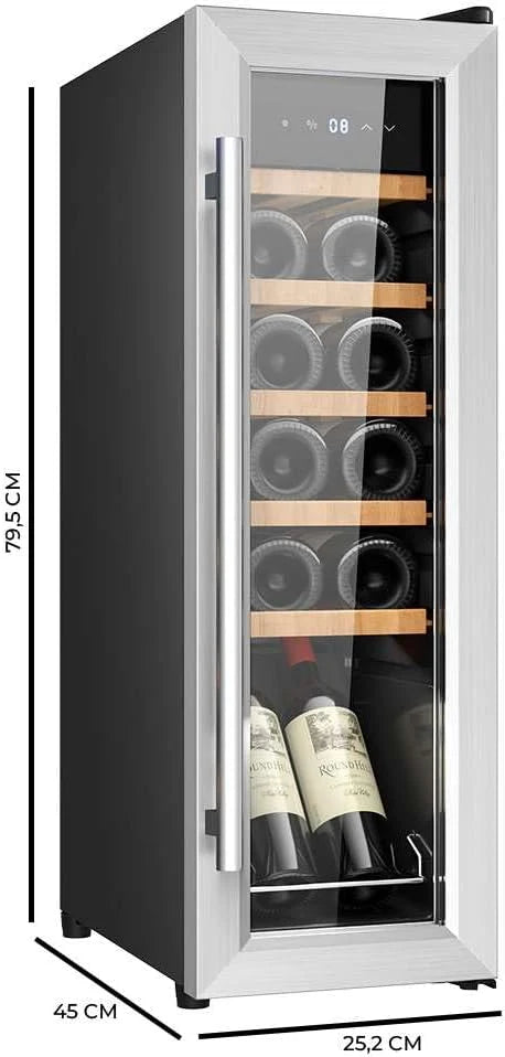 Cecotec Vinoteca de Livre Instalação Bolero GrandSommelier 1250 CoolWood. Frigorífico para vinhos com capacidade para 12 garrafas, temperatura ajustável de 8-18ºC, LED e prateleiras de madeira.