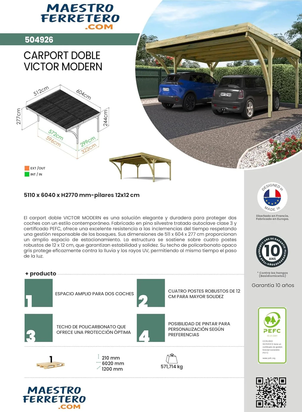 Forest Style - Garagem Dupla Victor Modern 30,9 m² (6,02 x 5,11 x 2,52 m) – Madeira de Pinus Tratada – Cobertura de Policarbonato – Estacionamento Coberto para 2 Carros – Estrutura Robusta e Durável