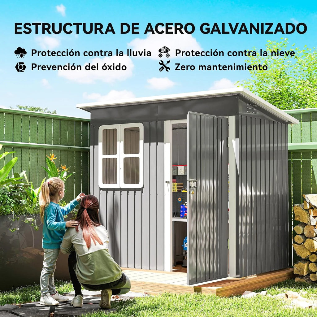 Outsunny Galpão de Armazenamento para Jardim Exterior, 2,55 m² 221x133x190 cm, Abrigo Metálico para Ferramentas com Janela, Porta com Fechadura e Ventilação, Cinza Escuro