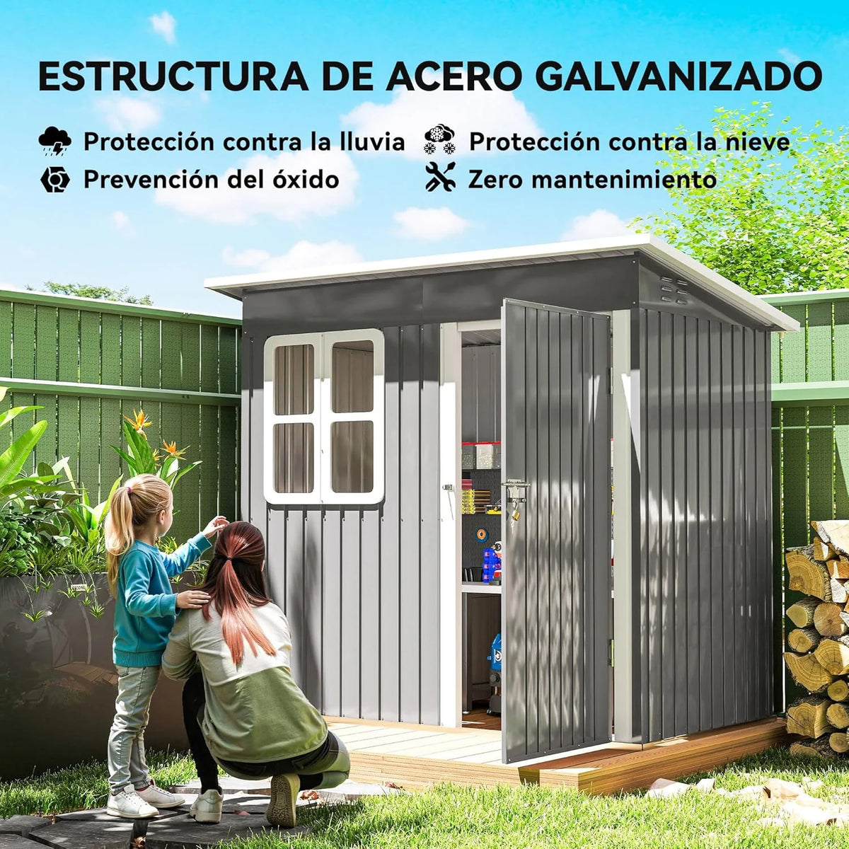 Outsunny Galpão de Armazenamento para Jardim Exterior, 2,55 m² 221x133x190 cm, Abrigo Metálico para Ferramentas com Janela, Porta com Fechadura e Ventilação, Cinza Escuro