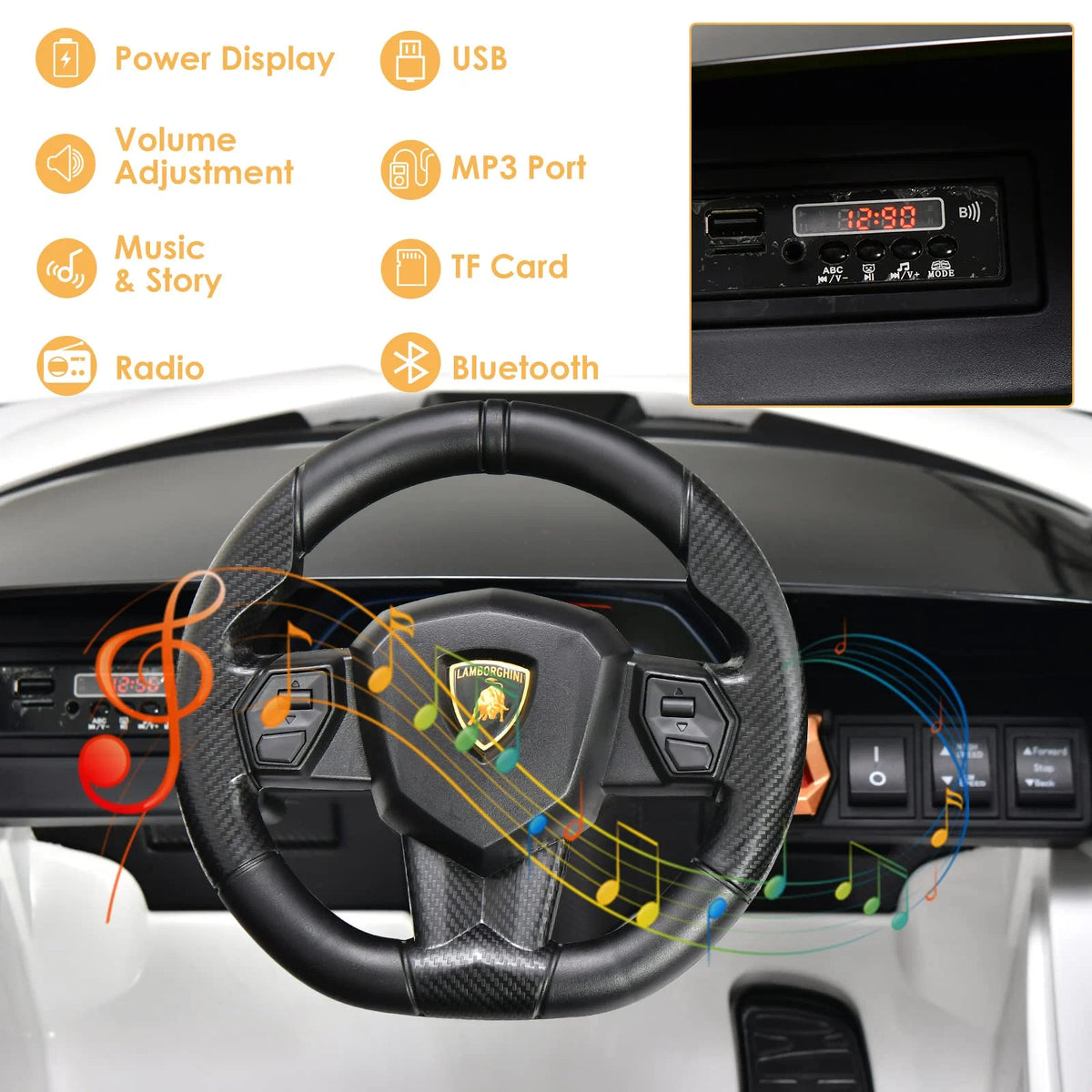 Lamborghini Elétrico Licenciado com Suspensão e Bluetooth