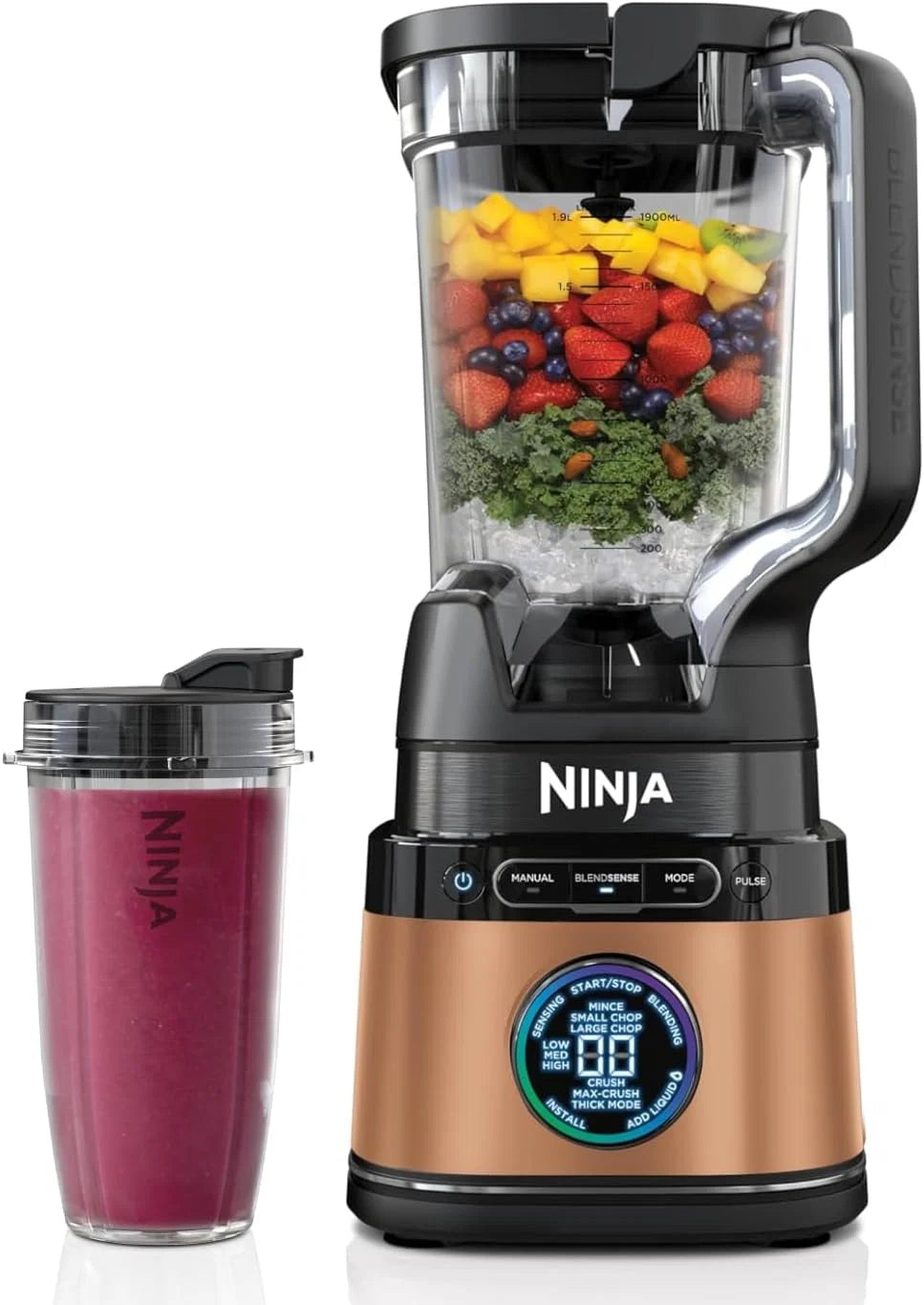 Ninja Liquidificador 2 em 1 Detect Power Pro e Jarra Única, 1200 W, jarra de 2 L (máx. 900 ml), 1 copo de 680 ml, smoothies, picar legumes e misturar bebidas congeladas, Preto e cobre, TB301EUCP