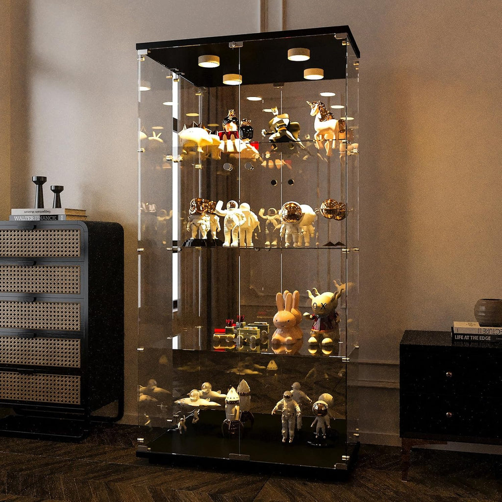 Vitrine de Vidro com Iluminação, Porta com Fechadura, 4 Prateleiras - Vitrine Grande para Coleções, Vitrine de Chão para Sala ou Escritório (Fundo Espelhado)
