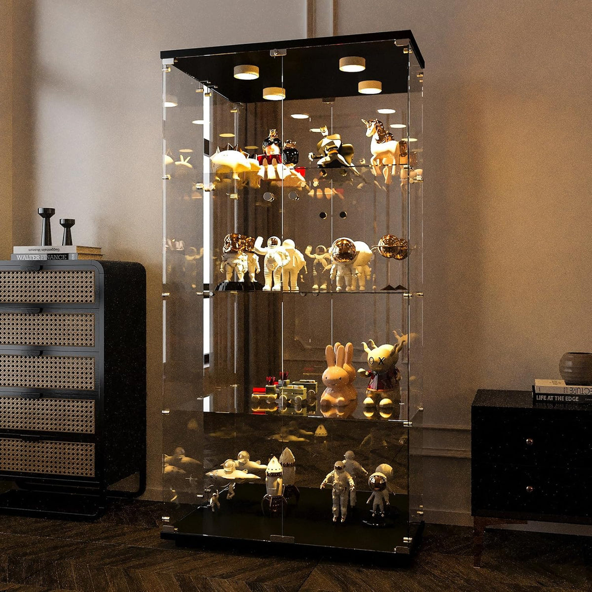 Vitrine de Vidro com Iluminação, Porta com Fechadura, 4 Prateleiras - Vitrine Grande para Coleções, Vitrine de Chão para Sala ou Escritório (Fundo Espelhado)