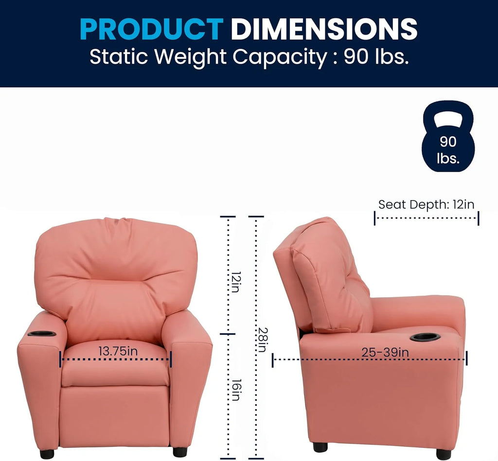 Poltrona Reclinável Infantil Contemporânea Flash Furniture com Porta-Copos, Madeira, Vinil Bege, 66,04 x 53,34 x 53,34 cm