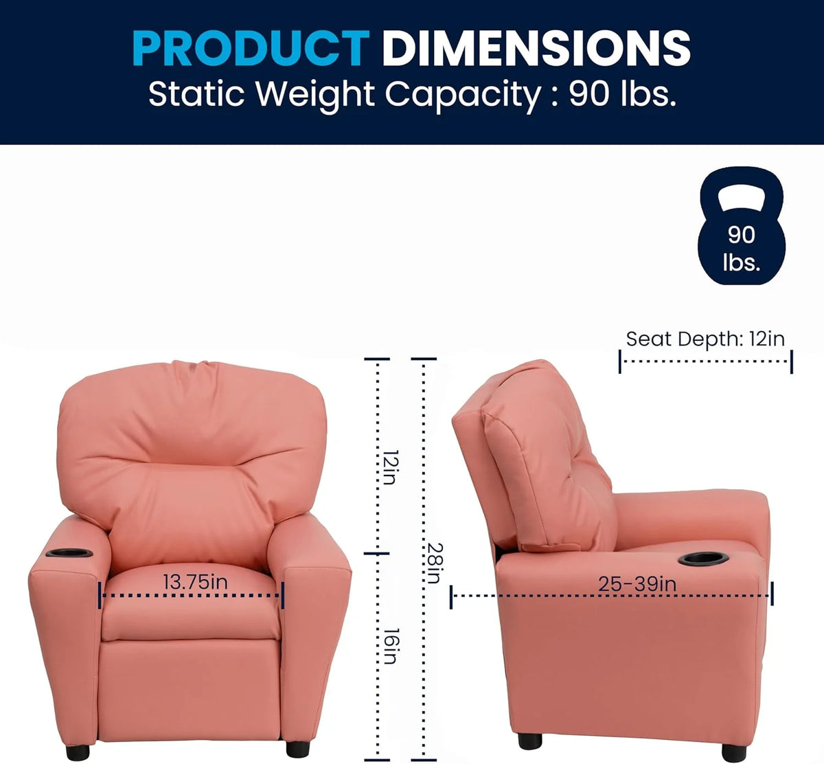 Poltrona Reclinável Infantil Contemporânea Flash Furniture com Porta-Copos, Madeira, Vinil Bege, 66,04 x 53,34 x 53,34 cm