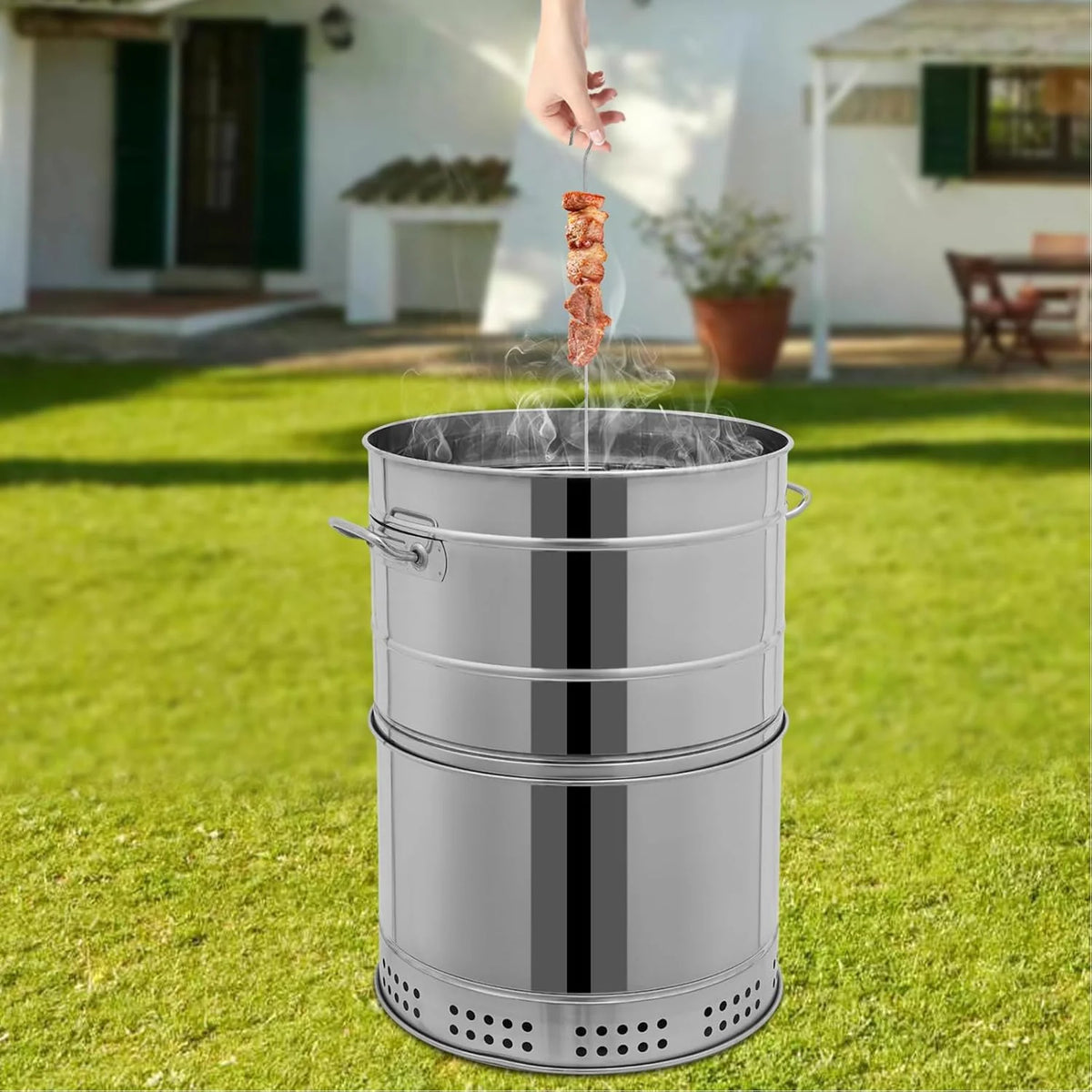 Churrasqueiras a Carvão Portáteis Grandes, Churrasqueira a Carvão Inoxidável em Barril, 360° Sem Fumaça para Exteriores com 50 Espetos, Defumador para Churrasco, Culinária ao Ar Livre e Viagens