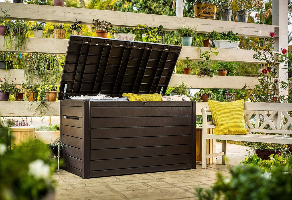 Keter Ontario - Baú de armazenamento externo, Capacidade 870L, Resina, Cor Marrom, Organização de jardim e terraço, 147 x 83 x 86 cm